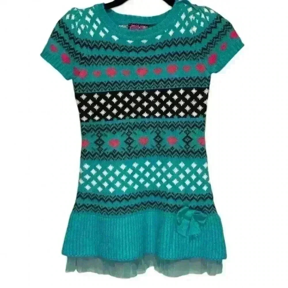 Forever Me Girls  Teal Knit Dress Hearts & Diamonds Size 6